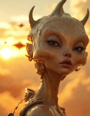 The primary subject of the image is a woman with a unique appearance, featuring a gold face and horns. She is standing in front of a sunset, which serves as the backdrop for the scene. The visual style of the image is a combination of photo and digital art, creating a surreal and intriguing atmosphere. The dominant colors in the image are gold, orange, and red, which contribute to the overall mood of the scene.